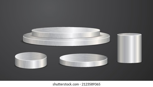 Vector Silver 3d cylinder set podium presentation mock up, Chrome steel show cosmetic product display stage pedestal design