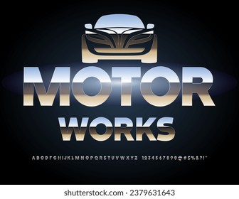 Vektorsilberwerbewerk Motor Works. Metallische Schriftart. Chrome glänzende Alphabet Letters and Numbers Set.
