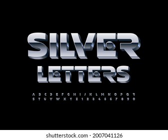 Letras y números de alfabeto de plata vectorial. Fuente reflectante cromada