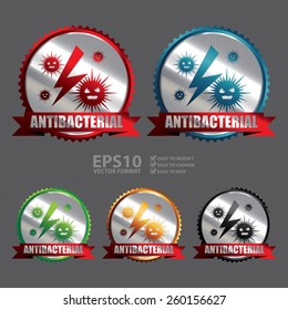 Vector : Silver Antibacterial Ribbon, Badge, Icon, Sticker, Banner, Tag, Sign or Label
