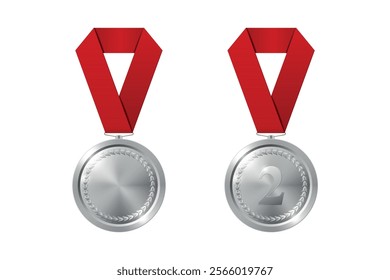 Vector Silver Award Medal Icon Set with Color Ribbons Close-up Isolated. Silver Second Place Medal and Blank Medal. Sport Tournament Victory Concept. Design Template for Competition, Award