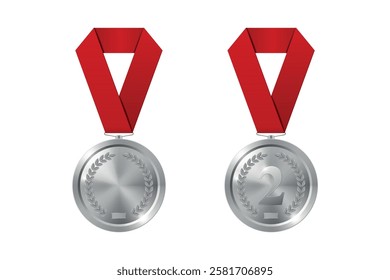 Vector Silver Award Medal Icon Set with Color Ribbons Close-up Isolated. Silver Second Place Medal and Blank Medal. Sport Tournament Victory Concept. Design Template for Competition, Award