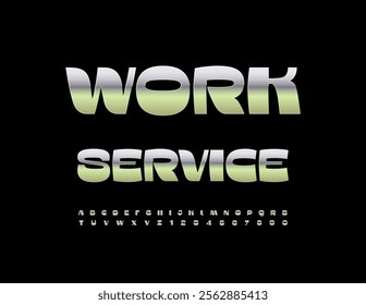 Vector silver badge Work Service. Stylish Metallic Font. Chrome Alphabet Letters and Numbers.