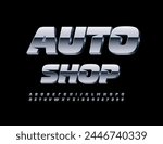 Vector silver banner Auto Shop. Cool Metallic Font. Exclusive 3D Alphabet Letters and Numbers set