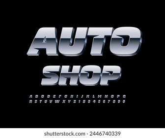 Anuncio plateado de Vector Auto Shop. Fuente Metálica Cool. Conjunto exclusivo de letras y números del alfabeto 3D