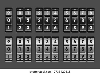 Vector silver and black combination locks with all numbers related to security, safety, protection. Realistic illustration isolated on white background