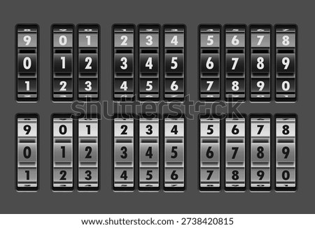 Vector silver and black combination locks with all numbers related to security, safety, protection. Realistic illustration isolated on white background