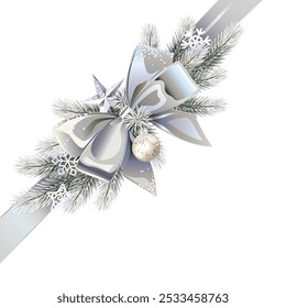 Vector Silver Bow with Frozen Fir Branch isolated on white background