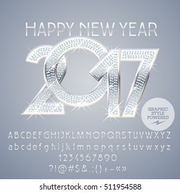 Vector silver chic Happy New Year 2017 greeting card with set of letters, symbols and numbers. File contains graphic styles