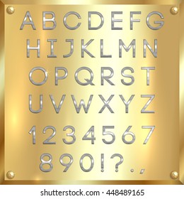 Vector silver coated alphabet capital letters, digits and punctuation on gold metallic background