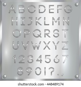Vector silver coated alphabet capital letters, digits and punctuation on white metallic background