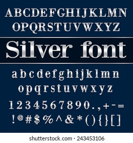 Vector silver coated alphabet letters, digits and punctuation on blue  background