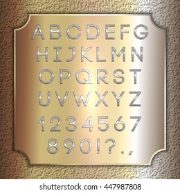 Vector silver coated alphabet letters, digits and punctuation on brass background plate