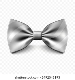 Vector Silver Color Realistic Bow Tie Icon Closeup, Isolated. Silk Glossy Bowtie, Gentleman Tie. Fathers Day Concept