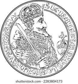 Vector silver crown thaler of Sigismund III Vasa 1627, obverse with king, Black and white