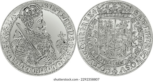 Vector silver crown thaler of Sigismund III Vasa 1627, obverse with king, reverse with coat of arms