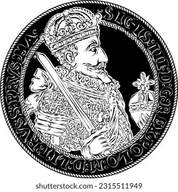 Talador de la corona de plata vectorial de Sigismund III Vasa 1627, al lado del rey, negro y blanco