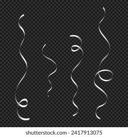 Vector silver curled ribbons serpentine realistic set.