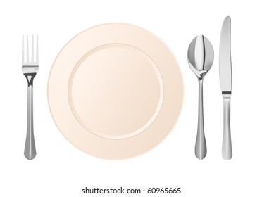 vector silver cutlery and plate on white background