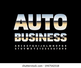 Negocio automático Emblem de plata vectorial. Fuente Metálica moderna. Letras y números alfabéticos artísticos
