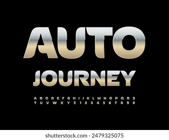 Vector Silver emblem Auto Journey. Stylish Metallic Font. Exclusive Alphabet Letters and Numbers set.