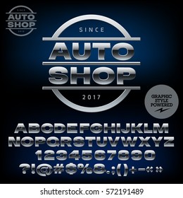 Emblema de plata vectorial para tienda automática. Conjunto de letras, números y símbolos. Contiene un estilo gráfico. 