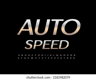 Velocidad automática del emblema de plata vectorial.  Elegante Fuente Moderna. Letras y números de alfabeto metálico