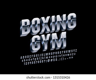 Vector Silver emblem Boxing Gym with 3D Alphabet Letters, Numbers and Symbols. Metallic glossy Font