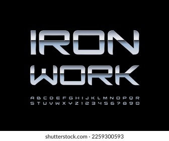 Vector silver Emblem Iron Work. Modern Steel Font. Metallic Alphabet Letters and Numbers