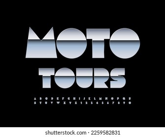 Vector Silver Emblem Moto Tours. Trendy metallic Font. Chrome Alphabet Letters and Numbers set