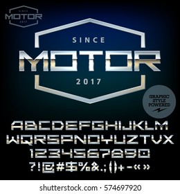 emblema de plata vectorial para motor. Conjunto de letras, números y símbolos. Contiene estilo gráfico. 