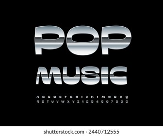 Vector de plata Emblema Pop Music. Fuente cromada fría. Conjunto de letras y números únicos modernos.