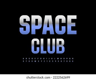 Vector silver emblem Space Club. Elegant Metallic Font. Steel Alphabet Letters and Numbers set