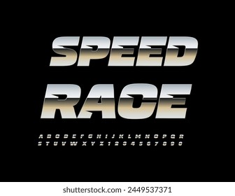 Emblema plateado de Vector Speed Race. Exclusiva fuente metálica. Juego de letras y números cromados de moda.