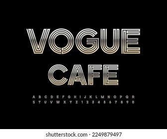 Vector silver Emblem Vogue Cafe. Stylish metallic Font. Moden set of Alphabet Letters, Numbers and Symbols.