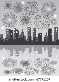 vector silver fireworks over city with reflection