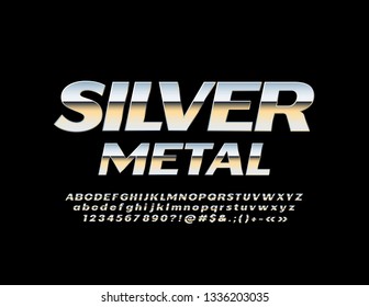 Vector Silver Font. Metallic Alphabet Letters, Numbers and Symbols.