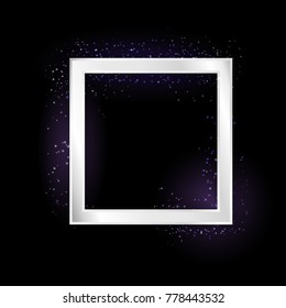 Vector silver frame with lights effect on bright light blue background. Shining banner with stars and glitter. Vector template
