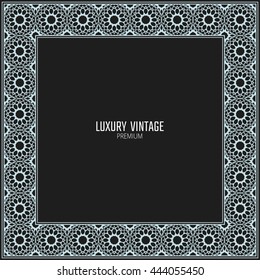 Vector silver frame. Square vintage card for design. Lacy pattern border. Premium background in luxury style.