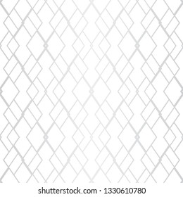 Vector silver geometric seamless pattern with grid, net, thin lines, rhombuses, diamonds. Abstract white and gray metallic linear background. Subtle graphic texture. Art deco ornament. Repeat design