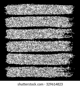 Vector silver glitter brush strokes set isolated at black background