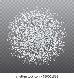 Vector silver glitter dust particles in circle shape. Glowing magic shine, star dust explosion, sparkle dots, round tinsel elements, on transparent background for elegant glamour design