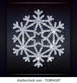 Vector silver glitter snowflake on black background. Perfect for Christmas greeting cards, invitations and decoration.