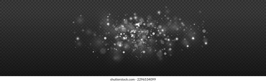 Vector silver glowing glitter background. Christmas concept flare sparkle. Glitter defocused blinking stars and sparks. Abstract glowing bokeh lights. White png dust light.