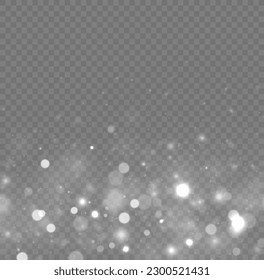 Vector silver glowing glitter background. Christmas concept flare sparkle. Glitter defocused blinking stars and sparks. Abstract glowing bokeh lights. White png dust light.