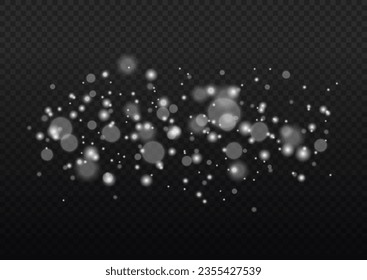 Vector silver glowing glitter background. Christmas concept flare sparkle. Glitter defocused blinking stars and sparks. Abstract glowing bokeh lights. White png dust light.