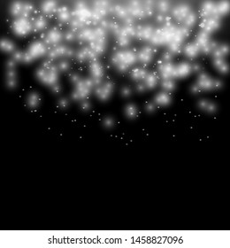 Vector silver glowing light glitter background. Christmas white magic lights background. Star burst with sparkles on black background.