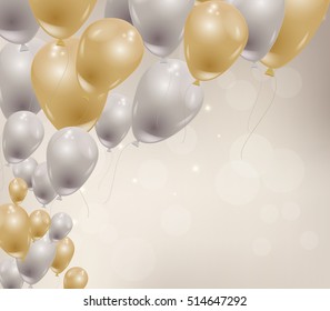 Vector silver and gold balloons on blurred background. Party celebration concept, sparkles, hot air balloons flying in the air. 