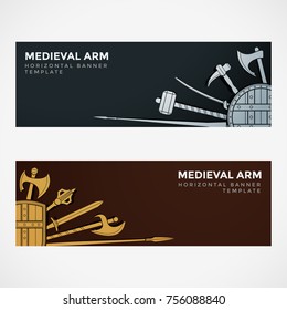 vector silver gold color various medieval cold steel arms decorative blank horizontal banner templates dark backgrounds