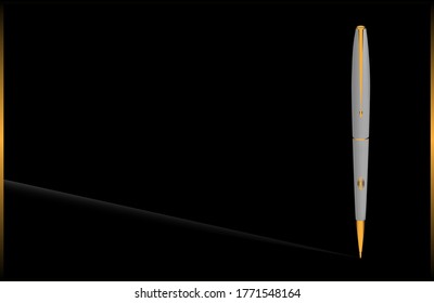 Vector of a silver and gold pen on a black blackground whit a black and gold frame